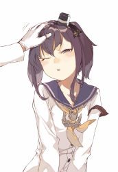 Rule 34 | 10s, 1girl, brown eyes, brown hair, duoyuanjun, flat chest, gloves, hand on another&#039;s head, hat, head pat, kantai collection, motion lines, neckerchief, one eye closed, open mouth, headpat, sailor collar, shirt, solo focus, tokitsukaze (kancolle), white background, white gloves