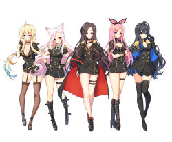 Rule 34 | 5girls, ahoge, animal ears, black footwear, black gloves, black hair, black legwear, black neckwear, black skirt, blonde hair, blue eyes, blue hair, blush, boots, breasts, cat ears, character request, choker, cleavage, closed mouth, collarbone, copyright request, fingerless gloves, full body, garter straps, gloves, green eyes, hairband, knee boots, large breasts, long hair, looking at viewer, medium breasts, multicolored hair, multiple girls, necktie, pink hair, purple eyes, red eyes, skirt, smile, standing, thighhighs, tp (kido 94), two-tone hair