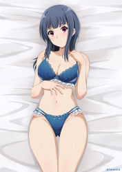 Rule 34 | 1girl, bed sheet, blue bra, blue hair, blue panties, blush, bow, bow bra, bow panties, bra, breasts, cancer (symbol), commentary request, commission, crotch seam, frilled bra, frilled panties, frills, from above, hibike! euphonium, highres, inoshira, lace, lace-trimmed bra, lace trim, lingerie, long hair, looking at viewer, lying, medium breasts, multi-strapped panties, on back, on bed, panties, pixiv commission, purple eyes, solo, thigh gap, twitter username, underwear, underwear only, yoroizuka mizore