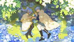 Rule 34 | 1boy, 1girl, absurdres, aqua hair, black footwear, black pantyhose, boots, capelet, cloak, commentary request, dangle earrings, dress, earrings, elf, field, flower, flower field, frieren, from above, grass, hair between eyes, head wreath, highres, himmel (sousou no frieren), holding hands, hood, hooded cloak, jewelry, knee boots, leaf, long hair, long sleeves, lying, on side, outdoors, pants, pantyhose, parted bangs, pointy ears, sidelocks, sleeping, sousou no frieren, suzi, tree, tree shade, twintails, white capelet, white cloak, white dress, white pants