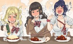 Rule 34 | 10s, 3girls, blonde hair, blue hair, blush, bow, breasts, brown cardigan, cardigan, cheese, cleavage, curry, curry rice, eating, fanning self, food, full-face blush, green eyes, hair ornament, hairclip, heart, heart hair ornament, indo curry, kurosawa dia, large breasts, love live!, love live! sunshine!!, matsuura kanan, multiple girls, ohara mari, open clothes, open shirt, rice, scrunchie, shirt, spicy, spoon, steam, sweat, tearing up, undressing, utensil in mouth, wet, wet clothes, wet shirt, wrist scrunchie, yellow eyes
