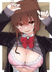 Rule 34 | 1girl, alternate breast size, alternate costume, black jacket, blush, bow, bowtie, bra, breasts, brown eyes, brown hair, cleavage, commentary request, fang, folded ponytail, hair between eyes, highres, inazuma (kancolle), jacket, kantai collection, looking at viewer, open clothes, open jacket, parted lips, pink bra, red bow, red bowtie, sakakiba misogi, signature, skin fang, solo, sweatdrop, underwear