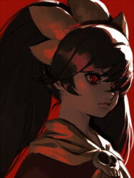 Rule 34 | 1girl, artist name, ashley (warioware), bellhenge, black hair, chin, closed mouth, commentary, dress, english commentary, expressionless, eyelashes, headdress, limited palette, long hair, looking ahead, nintendo, red background, red dress, red eyes, red theme, shawl, skull brooch, solo, twintails, upper body, warioware, white shawl