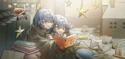 Rule 34 | 2girls, :d, abacus, absurdres, blanket, blue hair, book, book stack, chinese commentary, colored inner hair, commentary request, grey hair, hair between eyes, hair intakes, highres, indoors, light particles, medium hair, multicolored hair, multiple girls, open book, open mouth, original, qingfeng canying, reading, slit pupils, smile, star (symbol), stuffed animal, stuffed shark, stuffed toy, teeth, toy airplane, toy car, upper teeth only, yellow eyes