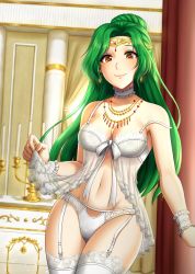 Rule 34 | 1girl, absurdres, adricarra, breasts, brown eyes, candle, candlestand, choker, circlet, cleavage, closed mouth, earrings, elincia ridell crimea, fire emblem, fire emblem: path of radiance, frilled choker, frills, green hair, highres, jewelry, lingerie, long hair, medium breasts, navel, nintendo, smile, solo, underwear