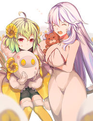 Rule 34 | 1boy, 1girl, ahoge, apollo (fate), artemis (fate), black shorts, breasts, closed eyes, dress, fate/grand order, fate (series), fur-trimmed jacket, fur trim, green hair, horns, jacket, large breasts, long hair, open mouth, orion (bear) (fate), paris (fate), red eyes, satoimo (3311 mi), sheep horns, short hair, shorts, simple background, strapless, strapless dress, sweat, trap, white background, white dress, white hair, yellow jacket