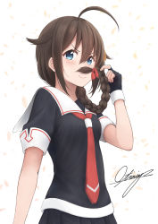 Rule 34 | &gt;:), 10s, 1girl, absurdres, ahoge, arm at side, black gloves, black serafuku, black shirt, black skirt, blue eyes, blurry, blurry background, blush, braid, brown hair, commentary request, fake facial hair, fake mustache, fingerless gloves, gloves, hair between eyes, hair flaps, hair ornament, hair ribbon, hairpin, highres, holding, holding own hair, kantai collection, long hair, looking at viewer, low-tied long hair, necktie, ochiai miyabi, pleated skirt, red necktie, red ribbon, ribbon, school uniform, serafuku, shigure (kancolle), shigure kai ni (kancolle), shirt, short sleeves, signature, single braid, skirt, sleeve cuffs, smug, solo, upper body, v-shaped eyebrows, white background