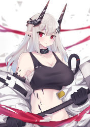 Rule 34 | 1girl, absurdres, arknights, bare shoulders, black collar, black gloves, breasts, collar, collarbone, commentary, crop top, gloves, gosong, hair between eyes, highres, horns, infection monitor (arknights), large breasts, long hair, looking at viewer, material growth, midriff, mudrock (arknights), mudrock (elite ii) (arknights), navel, oripathy lesion (arknights), parted lips, pointy ears, red eyes, sarashi, silver hair, solo, sports bra, stomach, upper body, white background