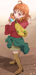 Rule 34 | 1girl, absurdres, ahoge, blush, boots, brown footwear, brown skirt, clothes around waist, commentary request, english text, food, from behind, green jacket, highres, holding, holding food, holding ice cream, holding ice cream cone, holding ice cream scoop, ice cream, ice cream cone, jacket, jacket around waist, looking at viewer, looking back, love live!, love live! sunshine!!, open mouth, orange hair, pukonuu, red eyes, red jacket, short hair, signature, skirt, smile, solo, takami chika, thigh boots