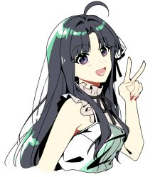Rule 34 | 1girl, ahoge, awa subaru, black hair, black ribbon, commentary request, cropped torso, dress, girls band cry, hand up, highres, long hair, lonlonl17635238, looking at viewer, neck ribbon, open mouth, parted bangs, purple eyes, ribbon, sidelocks, simple background, sleeveless, sleeveless dress, solo, upper body, v, white background, white dress