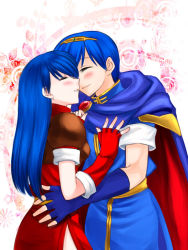 Rule 34 | 1boy, 1girl, 74, armor, armored dress, blue hair, blush, breastplate, caeda (fire emblem), couple, dress, elbow gloves, closed eyes, fingerless gloves, fire emblem, fire emblem: mystery of the emblem, gloves, hand on another&#039;s chest, hand on another&#039;s hip, hetero, long hair, marth (fire emblem), nintendo, red gloves, short dress, smile, tiara