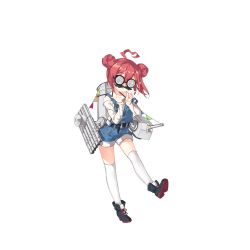 Rule 34 | 1girl, ahoge, alternate costume, belt, black footwear, cannon, collarbone, double bun, fake facial hair, fake mustache, fake nose, flag, full body, groucho glasses, glasses, grin, hair bun, index finger raised, looking at viewer, machinery, official art, overalls, red hair, saru, shirt, shoes, shorts, smile, smokestack, solo, standing, standing on one leg, suspenders, teeth, thighhighs, torpedo, transparent background, turret, warship girls r, white shirt, white thighhighs, william d porter (warship girls r)