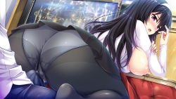 Rule 34 | 1boy, 1girl, artist request, ass, black hair, blush, breasts, breasts out, cameltoe, clothes lift, cum, cum in clothes, game cg, grinding, hair between eyes, hatsunegaoka yui, honoo no haramase oppai ero appli gakuen, indoors, lactation, large breasts, long hair, open mouth, panties, panties under pantyhose, pantyhose, purple eyes, skirt, skirt lift, source request, underwear