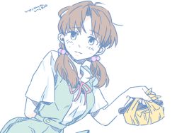 Rule 34 | 1girl, arm behind back, artist request, breasts, brown hair, dress, food, freckles, frown, holding, horaki hikari, leaning to the side, looking at viewer, low twintails, lunchbox, neon genesis evangelion, school uniform, simple background, solo, twintails, upper body, white background