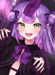 Rule 34 | 1girl, :d, absurdres, beret, black dress, black hat, blush, bow, braid, commentary request, double bun, dress, ear piercing, fangs, frilled sleeves, frills, green eyes, hair bow, hair bun, halloween, hat, highres, hololive, long sleeves, looking at viewer, namagome negi, ofuda, open mouth, piercing, pointy ears, purple bow, sleeves past wrists, smile, solo, tokoyami towa, upper body, virtual youtuber, wide sleeves