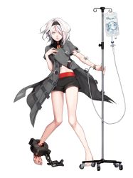 Rule 34 | 1girl, absurdres, barefoot, belt collar, black hairband, black shorts, black survival, blood, blood on feet, blue eyes, coat, collar, cuffs, dropper, english text, full body, grey coat, hair over one eye, hairband, highres, holding, intravenous drip, looking at viewer, medium hair, midriff peek, navel, official alternate costume, official art, parted lips, short shorts, short sleeves, shorts, sissela (black survival), solo, standing, transparent background, white hair, yamakawa