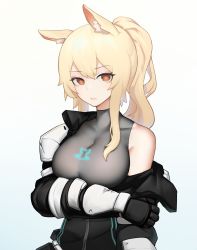 Rule 34 | 1girl, absurdres, animal ear fluff, animal ears, arknights, armor, bare shoulders, bingbingzi, blonde hair, breasts, brown eyes, commentary request, gradient background, grey background, highres, horse girl, large breasts, long hair, looking at viewer, nearl (arknights), pauldrons, ponytail, shoulder armor, sidelocks, solo, upper body, white background