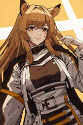 Rule 34 | 1girl, animal ears, arknights, belt buckle, belt collar, blush, brown hair, buckle, ceobe (arknights), chinese commentary, collar, commentary, dog ears, dog girl, fang, hair intakes, hand up, highres, jacket, light smile, long hair, looking at viewer, orange eyes, puffy sleeves, skin fang, solo, upper body, wanlai bu shiman, white jacket, yellow background