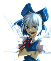 Rule 34 | 1girl, blue eyes, blue hair, bow, cirno, collared shirt, crossed arms, hair bow, holysnow, ice, ice wings, matching hair/eyes, open mouth, puffy short sleeves, puffy sleeves, shirt, short hair, short sleeves, smile, solo, embodiment of scarlet devil, touhou, white background, wings