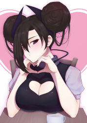 Rule 34 | 1girl, agent (girls&#039; frontline), asymmetrical hair, black hair, blush, breasts, chair, chinese commentary, cleavage, cleavage cutout, clothing cutout, coffee, coffee cup, commentary request, cup, disposable cup, double bun, elbows on table, eyelashes, girls&#039; frontline, hair over one eye, hands up, heart, heart background, heart cutout, highres, juliet sleeves, large breasts, long hair, long sleeves, looking at viewer, messy hair, pao mian+dan, pink background, puffy sleeves, purple eyes, sangvis ferri, short sleeves, simple background, sitting, solo, steam, table, tsurime, upper body, vest, white background, wire