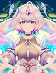 Rule 34 | 1girl, ahoge, bare shoulders, blue hair, blush, bob cut, bodysuit, breasts, closed mouth, clothing cutout, commentary request, dlllll lllllb, fire emblem, fire emblem heroes, gem, grey bodysuit, grey hair, hair between eyes, highres, looking at viewer, medium breasts, multicolored hair, nintendo, purple hair, seidr (fire emblem), shawl, short hair, shoulder cutout, signature, skindentation, smile, solo, yellow eyes