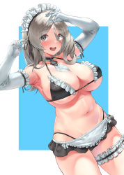 Rule 34 | 1girl, absurdres, alternate costume, apron, armpits, bare shoulders, bikini, black bikini, blue background, breasts, brown eyes, cleavage, elbow gloves, enmaided, female focus, frilled apron, frilled bikini, frills, girls&#039; frontline, gloves, grey hair, highres, k3 (girls&#039; frontline), korean commentary, large breasts, looking at viewer, maid, maid apron, maid bikini, maid headdress, navel, simple background, skindentation, solo, swimsuit, thigh strap, unconventional maid, underboob, urrrt, waist apron, white apron, white gloves