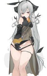 Rule 34 | 1girl, arknights, black gloves, detached sleeves, dress, embarrassed, gloves, grey dress, highres, light blush, looking at viewer, mikozin, no panties, pussy, pussy peek, red eyes, see-through, see-through skirt, silver hair, simple background, single glove, skirt, skirt tug, solo, thigh strap, weedy (arknights), white background