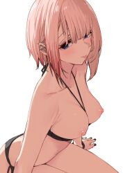 Rule 34 | 1girl, absurdres, arm support, armpit crease, bare shoulders, bikini, black bikini, black nails, black wristband, blue eyes, blush, breasts, breasts out, cleavage, closed mouth, collarbone, colored tips, commentary request, cross, ear piercing, fingernails, goshiki suzu, hair over one eye, halterneck, highres, large breasts, leaning forward, looking to the side, medium hair, multicolored hair, nail polish, nipples, nose, original, piercing, pink hair, red hair, side-tie bikini bottom, simple background, sitting, sling bikini top, solo, stomach, streaked hair, swimsuit, thighs, tongue, tongue out, two-tone hair, white background
