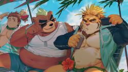 Rule 34 | 4boys, animal ears, animal nose, ashigara (housamo), bandaid, bandaid on cheek, bandaid on face, bara, beach, beach umbrella, bear ears, belly, black eyes, blonde hair, blue male swimwear, blue swim briefs, blue swim trunks, blush, bracelet, brown fur, brown hair, cherub, cloud, cloudy sky, commentary, cup, cupid (housamo), drawstring, drinking, drinking straw, eating, english commentary, eyewear pull, fat, fat man, feathered wings, flower, food, fruit, furry, furry male, goggles, goggles around neck, green-tinted eyewear, halo, hand up, hibiscus, holding, holding cup, holding phone, jacket, jewelry, large pectorals, leaf, looking over eyewear, macan (housamo), male focus, male swimwear, mohawk, multiple boys, muscular, muscular male, navel, navel hair, necklace, open clothes, open jacket, pectoral cleavage, pectorals, phone, quirrel (gharnedanshyo), shirt rolled up, short hair, sky, sleeves rolled up, smile, snout, striped clothes, striped jacket, sunglasses, swim briefs, swim trunks, swimsuit, taking picture, tennouji shin&#039;ya, thick eyebrows, tiger boy, tiger ears, tinted eyewear, tokyo houkago summoners, umbrella, upper body, watermelon, watermelon slice, wings, yellow fur