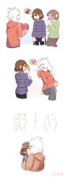 Rule 34 | 1boy, :t, = =, aged up, alternate universe, androgynous, angry, asriel dreemurr, bouquet, brown hair, candy, caribun, chara (undertale), chocolate, chocolate bar, chocolate heart, comic, couple, flower, flowey (undertale), food, frisk (undertale), furry, furry male, furry with non-furry, ghost, heart, highres, hood, hoodie, horns, interspecies, kiss, monster boy, o o, red eyes, sharp teeth, shirt, shorts, spoilers, spoken object, striped clothes, striped shirt, tail, teeth, undertale, valentine