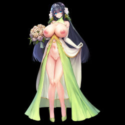 Rule 34 | 1girl, aqua eyes, bare shoulders, black background, black hair, blue eyes, blunt bangs, blush, bouquet, breasts, breasts out, circlet, cleft of venus, dress, elbow gloves, feet, female focus, flower, full body, gloves, hair between eyes, hair flower, hair ornament, head tilt, high heels, holding, holding bouquet, huge breasts, knees together feet apart, last origin, legs, legs together, long hair, looking at viewer, navel, nipples, no panties, oberonia rhea, parted lips, pumps, pussy, pussy juice, pussy juice trail, shoes, smile, snowball22, solo, standing, tachi-e, thighs, third-party edit, uncensored, wedding dress, wet