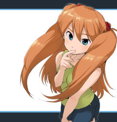 Rule 34 | bad id, bad pixiv id, blue eyes, face, finger to mouth, hair ornament, hairclip, kari (kakko k), long hair, neon genesis evangelion, shorts, solo, souryuu asuka langley, tank top, twintails, two side up