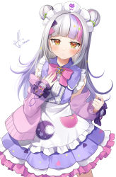 Rule 34 | 1girl, apron, blush, bow, bowtie, cardigan, commentary request, cowboy shot, double bun, dress, frilled apron, frilled dress, frills, hair bun, hair ornament, hand on own chest, highres, hololive, kito koruta, long hair, long sleeves, looking at viewer, maid headdress, multicolored hair, murasaki shion, murasaki shion (magical girl maid), off shoulder, open cardigan, open clothes, parted lips, pink bow, pink bowtie, pink cardigan, pink hair, purple dress, purple hair, shiokko (murasaki shion), signature, silver hair, simple background, sleeveless, sleeveless dress, sleeves past wrists, solo, standing, streaked hair, virtual youtuber, white apron, white background, yellow eyes