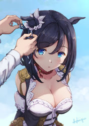 Rule 34 | 1girl, adjusting clothes, adjusting headwear, animal ears, arms behind back, artist name, black corset, black hair, blue background, blue eyes, breasts, choker, cleavage, collarbone, commentary request, corset, dress, ear ornament, eishin flash (umamusume), frills, hair between eyes, horse ears, large breasts, light blush, looking at viewer, open mouth, sakimiya (inschool), short hair, signature, umamusume, upper body, white dress