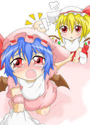 Rule 34 | &gt;:3, 2girls, :&lt;, :3, aged down, apron, baby, bad id, bad pixiv id, bat wings, blonde hair, blue hair, blush, chibi, child, dress, fang, female focus, flandre scarlet, hat, head bump, injury, kokujuuji, multiple girls, open mouth, pink dress, pointing, red eyes, remilia scarlet, shirt, short hair, siblings, side ponytail, sisters, sitting, tears, touhou, v-shaped eyebrows, wings