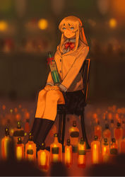 Rule 34 | 1girl, bad id, bad twitter id, black skirt, black socks, blonde hair, blurry, blurry background, blush, bottle, bow, brown jacket, bukimi isan, closed mouth, collared shirt, commentary request, hair between eyes, hands on own knees, highres, jacket, kneehighs, koishikawa iko, long hair, long sleeves, looking at viewer, pleated skirt, red bow, red neckwear, red ribbon, ribbon, school uniform, shirt, shoes, shy (series), sitting, skirt, socks, solo, translation request