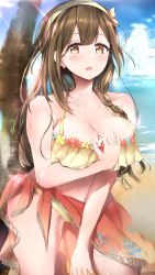 Rule 34 | 1girl, :o, bad id, bad pixiv id, beach, bikini, blush, braid, breasts, brown eyes, brown hair, cleavage, cloud, commentary request, day, earrings, flower, flower bikini, hair ornament, hair ribbon, hand on own chest, highres, idolmaster, idolmaster shiny colors, jewelry, kuwayama chiyuki, lens flare, medium breasts, neofreet, ocean, open mouth, outdoors, palm tree, red flower, ribbon, sarong, shiny skin, signature, standing, swimsuit, tree, yellow bikini, yellow flower