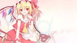 Rule 34 | 1girl, 6u (eternal land), ascot, blonde hair, blush, bow, dress, fang, flandre scarlet, hat, highres, laevatein, looking at viewer, non-web source, open mouth, red eyes, ribbon, short hair, side ponytail, smile, solo, touhou, wings, wrist cuffs
