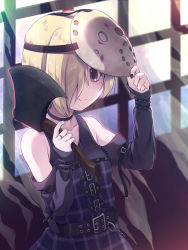 Rule 34 | 1girl, axe, bare shoulders, belt, belt buckle, black belt, black choker, black dress, black nails, blonde hair, breasts, brown eyes, buckle, choker, closed mouth, clothing cutout, collarbone, curtains, dress, hair over one eye, hands up, highres, hockey mask, holding, holding axe, idolmaster, idolmaster cinderella girls, indoors, jewelry, lifted by self, long sleeves, mask, mask lift, nail polish, ring, shirasaka koume, shoulder cutout, sleeveless, sleeveless dress, sleeves past wrists, small breasts, smile, solo, torn curtains, transparent, window, yuku (kiollion)