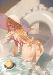 Rule 34 | 1girl, ass, azur lane, bad id, bad pixiv id, bare legs, bare shoulders, blonde hair, breasts, bridal garter, cirilla lin, closed mouth, commentary request, from behind, hat, highleg, highleg swimsuit, highres, indoors, innertube, long hair, looking at viewer, manjuu (azur lane), medium breasts, one-piece swimsuit, pink eyes, pink one-piece swimsuit, richelieu (azur lane), richelieu (fleuron of the waves) (azur lane), sun hat, swim ring, swimsuit, water, wet, wet clothes, white headwear