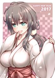 Rule 34 | 1girl, 2017, bad id, bad pixiv id, breasts, collarbone, green eyes, grey hair, hair between eyes, hakama, hakama skirt, happy new year, japanese clothes, large breasts, long hair, looking at viewer, miko, new year, open mouth, original, ribucci, skirt, sleeves past wrists, smile, solo, upper body, wide sleeves