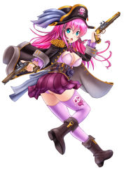 Rule 34 | 1girl, bad id, bad pixiv id, boots, breasts, cleavage, dual wielding, female focus, full body, green eyes, gun, hair ornament, hat, holding, holding gun, holding weapon, jewelry, large breasts, long hair, looking at viewer, open mouth, original, panties, pink hair, pirate, pirate hat, raizan, simple background, skirt, solo, tachi-e, thighhighs, trigger discipline, underwear, weapon, white background
