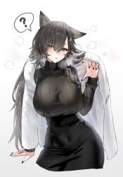Rule 34 | 1girl, ?, animal ears, arknights, arm support, black hair, black nails, black sweater, blush, braid, brown eyes, commentary request, covered navel, ear down, extra ears, hair ornament, high-waist skirt, highres, horn/wood, jacket, jacket partially removed, long hair, long sleeves, nail polish, official alternate costume, parted bangs, parted lips, penance (arknights), penance (occasionally flushed) (arknights), ribbed sweater, simple background, single braid, skirt, solo, spoken question mark, steam, sweater, turtleneck, turtleneck sweater, upper body, white background, white jacket