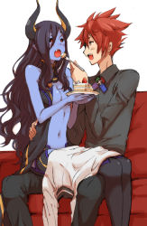 Rule 34 | 1boy, 1girl, :o, bare shoulders, black hair, black sclera, blue skin, blush, breasts, cake, colored sclera, colored skin, demon girl, fang, feeding, flootier, folth, food, fork, fumitan (humitan), horns, long hair, navel, open mouth, pointy ears, red eyes, red hair, sitting, sitting on lap, sitting on person, summon night, summon night 5