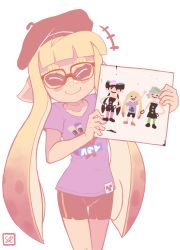 Rule 34 | 1girl, bandaid, bandaid on face, bandaid on nose, beret, bespectacled, bike shorts, blush stickers, callie (splatoon), child&#039;s drawing, closed eyes, eyebrows, flat chest, glasses, hat, highres, inkling player character, long hair, marie (splatoon), mask, nintendo, orange hair, pointy ears, sally (luna-arts), shirt, smile, solo, t-shirt, tentacle hair, thick eyebrows