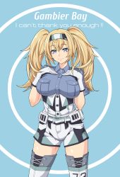 Rule 34 | 1girl, black shorts, blonde hair, blue background, blue eyes, blue shirt, breast pocket, breasts, character name, collared shirt, cowboy shot, gambier bay (kancolle), gloves, green shorts, hairband, hands on own breasts, highres, kantai collection, kukurus, large breasts, multicolored clothes, multicolored gloves, multicolored shorts, pocket, shirt, shorts, smile, solo, standing, thighhighs, twintails, white shorts, white thighhighs