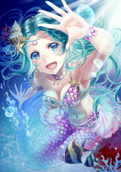 Rule 34 | 1girl, :d, air bubble, aqua hair, arm up, bare shoulders, blue eyes, blush, bracelet, breasts, bubble, coral, fantasy, ichino tomizuki, jewelry, long hair, looking at viewer, medium breasts, mermaid, monster girl, navel, necklace, open mouth, original, shell hair ornament, smile, starfish hair ornament, sunlight, tropical fish, underwater