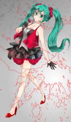 Rule 34 | 1girl, bad id, bad pixiv id, cup, drinking glass, gloves, green eyes, green hair, hatsune miku, high heels, highres, long hair, matching hair/eyes, pecchii, scrunchie, shoes, solo, twintails, very long hair, vocaloid, walking, wine glass