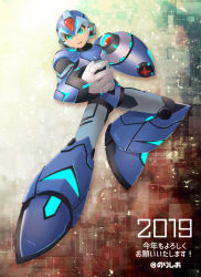 Rule 34 | 1boy, 2019, alternate eye color, android, arm cannon, artist name, blue eyes, capcom, dated, full body, gloves, helmet, joints, leg up, male focus, mega man (series), x (mega man), mega man x (series), new year, no-rishio, open mouth, robot, robot joints, simple background, solo, weapon, white gloves