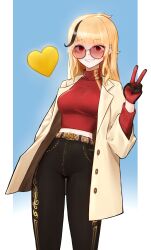 Rule 34 | 1girl, absurdres, belt, black gloves, black hair, black pants, blonde hair, breasts, coat, crop top, gloves, gold trim, grin, heart, highres, hololive, hololive indonesia, kaela kovalskia, long hair, long sleeves, looking at viewer, medium breasts, multicolored hair, navel, pants, radi (pixiv 88192217), red eyes, red gloves, red sweater, round eyewear, smile, solo, streaked hair, sunglasses, sweater, turtleneck, turtleneck sweater, two-sided gloves, v, virtual youtuber, white coat